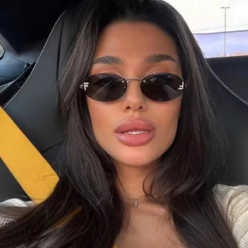 Hiking Trendy Rimless Small Oval Anti Light Glasses Famale Retro Metal Frame Design Shades Outdoors Casual Vacation UV400