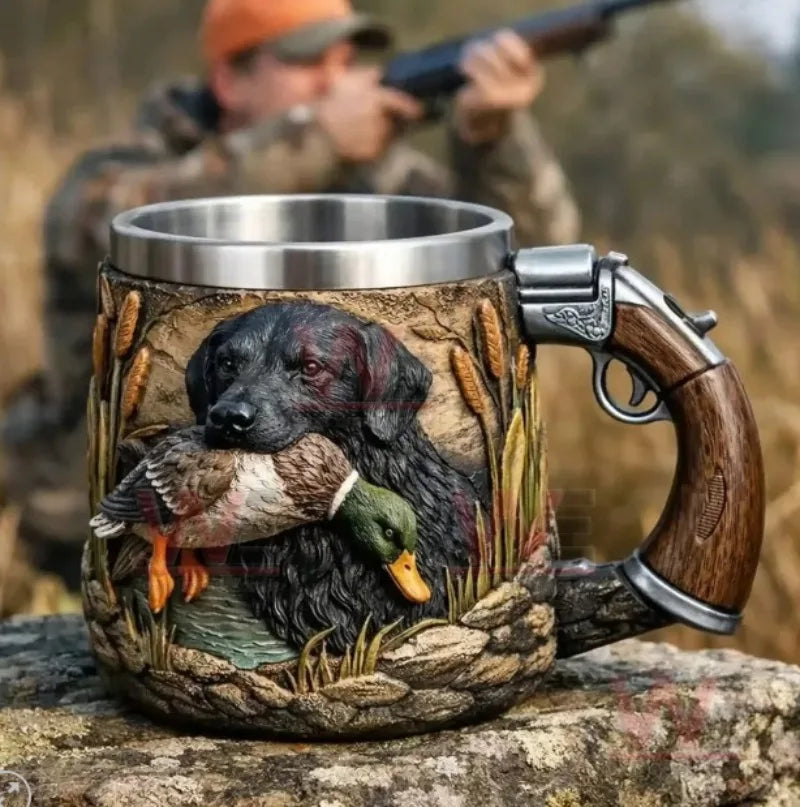 Hunting Theme 3D Embossed Duck  Dog Beer Mug, Stainless Steel Lined Double Sided Tankard for Hunter Gifts  Bar Decor