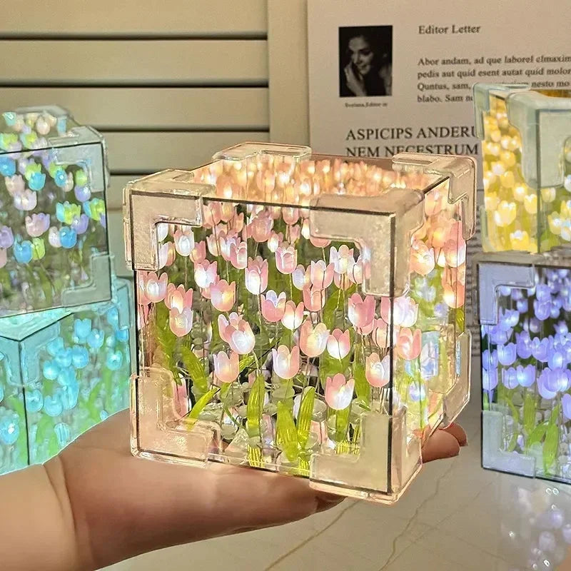 DIY Tulip Mirror Cube Lamp Simulation Flower Bedroom Sleeping Table Lamp Handmade Craft Tulips Mirror Night Light Birthday Gifts