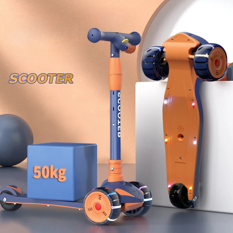 Children 3-Wheel Scooter with LED Cartoon Projector Light Foldable Balance Training Kick Scooter for Kids Outdoor Scooting Fun