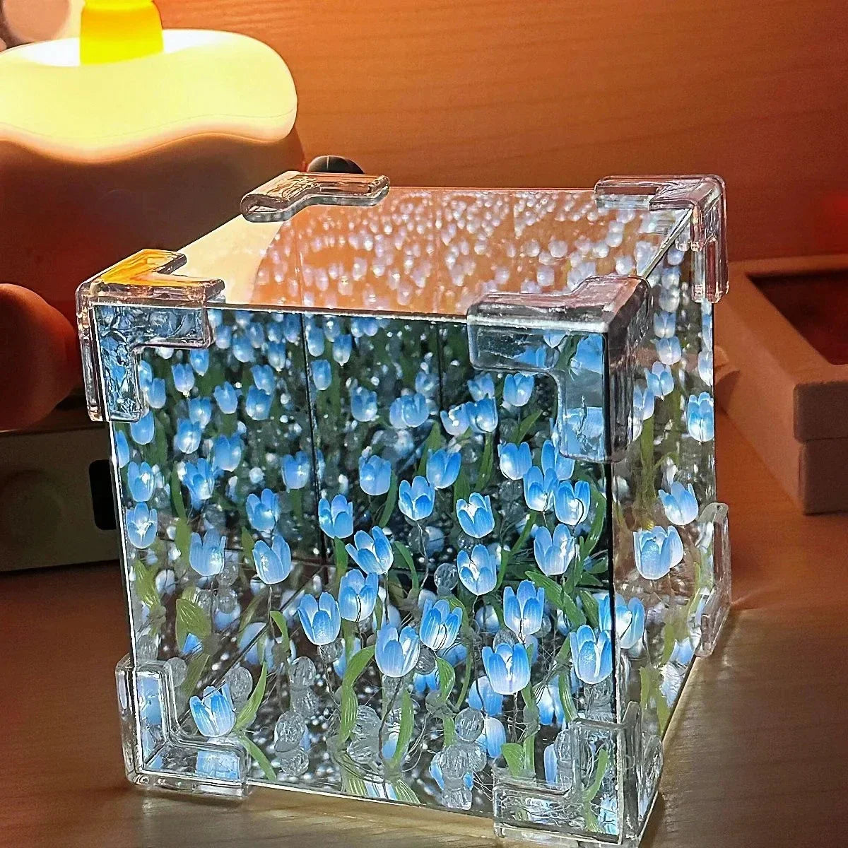 DIY Tulip Mirror Cube Lamp Simulation Flower Bedroom Sleeping Table Lamp Handmade Craft Tulips Mirror Night Light Birthday Gifts