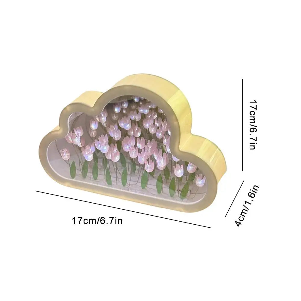 DIY Cloud Mirror Tulip Lamp Night Light Girl Bedroom Ornaments Photo Frame Handmade Glass Bedside Sleep Light Christmas Gifts ﻿