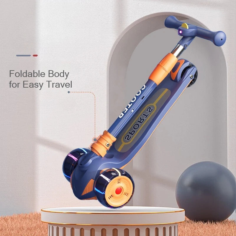 Children 3-Wheel Scooter with LED Cartoon Projector Light Foldable Balance Training Kick Scooter for Kids Outdoor Scooting Fun