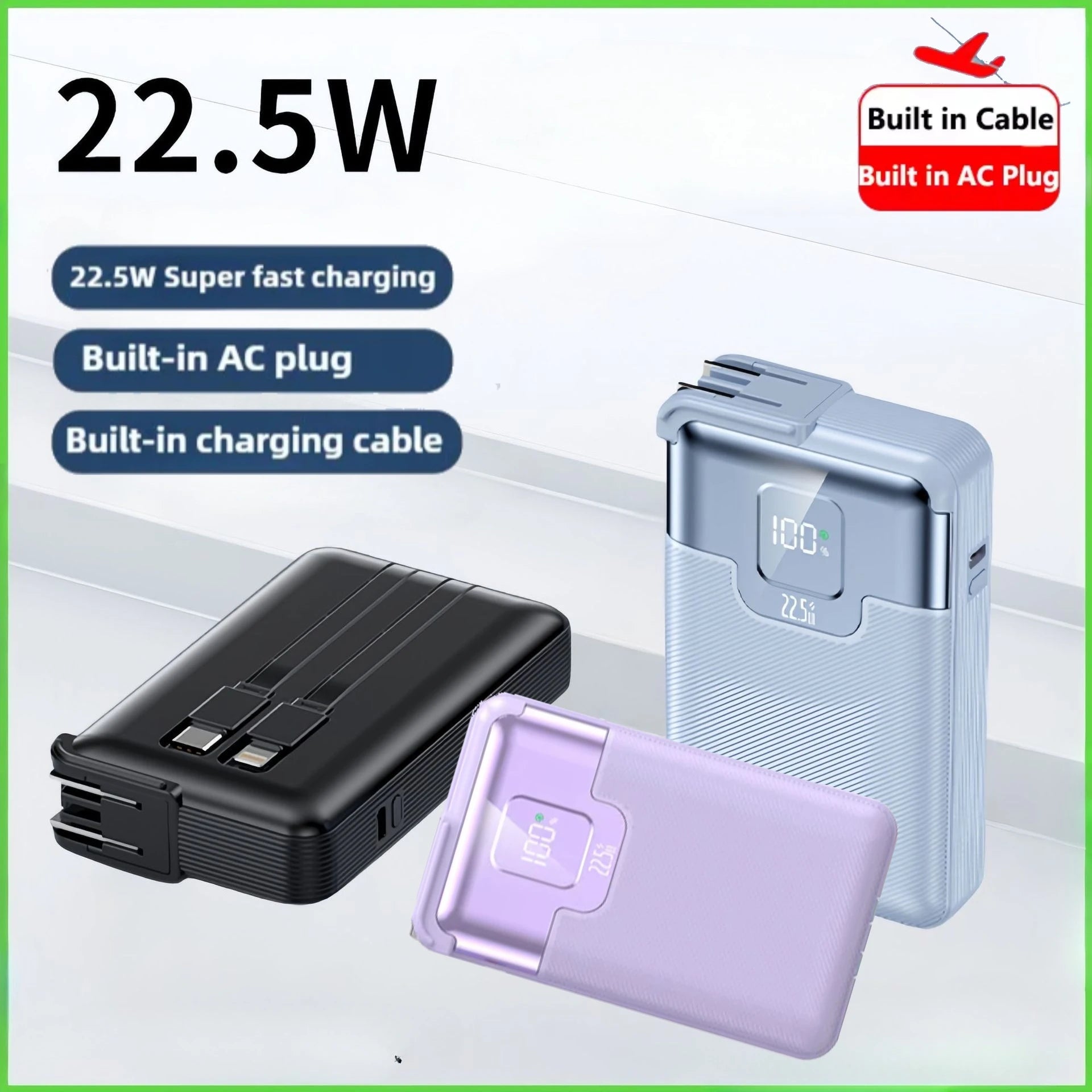 New 20,000 MAh Super Fast Charging Power Bank 2-in-1 with AC Plug, Multi-function with Dual-wire Wall Plug Mobile Power Supply