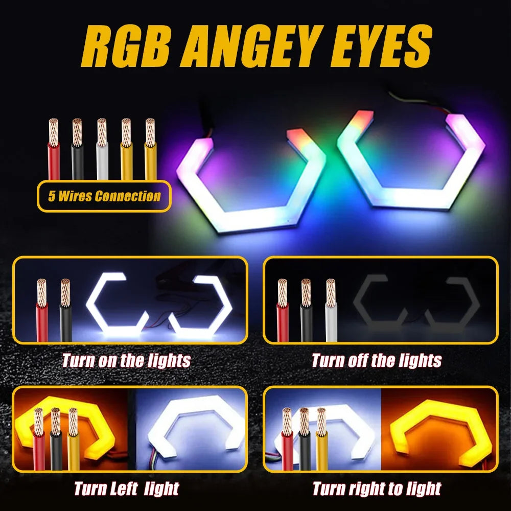 60mm 70mm 80mm 90mm RGB Hexagon LED Angel Eyes with Turn Signal Halo Rings Car Headlights Drl 12-24V for Motorcycle Offroad 4X4