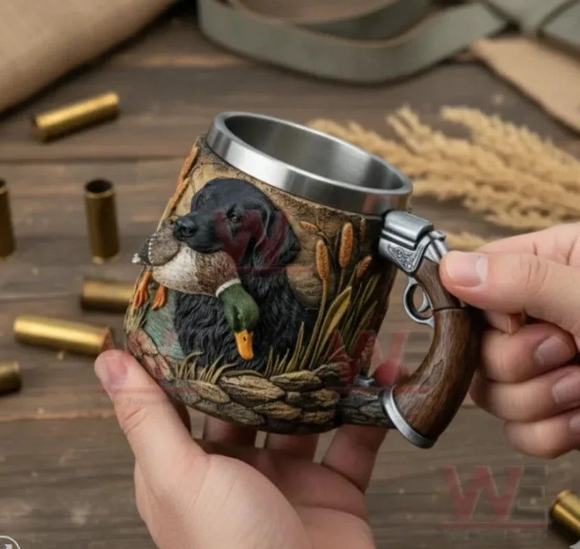 Hunting Theme 3D Embossed Duck  Dog Beer Mug, Stainless Steel Lined Double Sided Tankard for Hunter Gifts  Bar Decor
