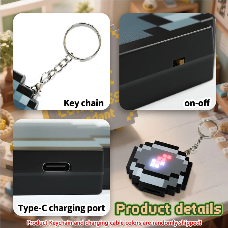 Rechargeable LED Pixel Compass Keychain Glowing Pixel Style Backpack Pendant Creative Game Periphery Gift for Gamers Birthday
