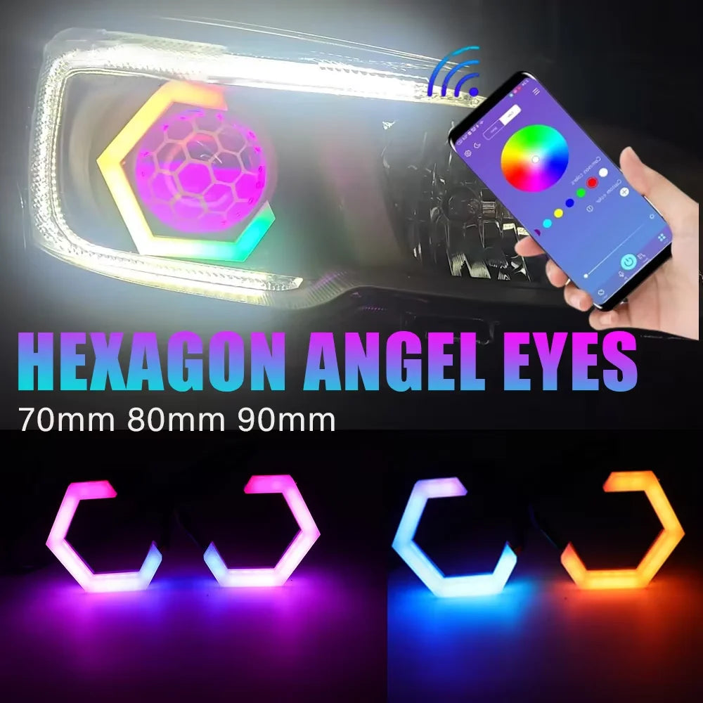 60mm 70mm 80mm 90mm RGB Hexagon LED Angel Eyes with Turn Signal Halo Rings Car Headlights Drl 12-24V for Motorcycle Offroad 4X4