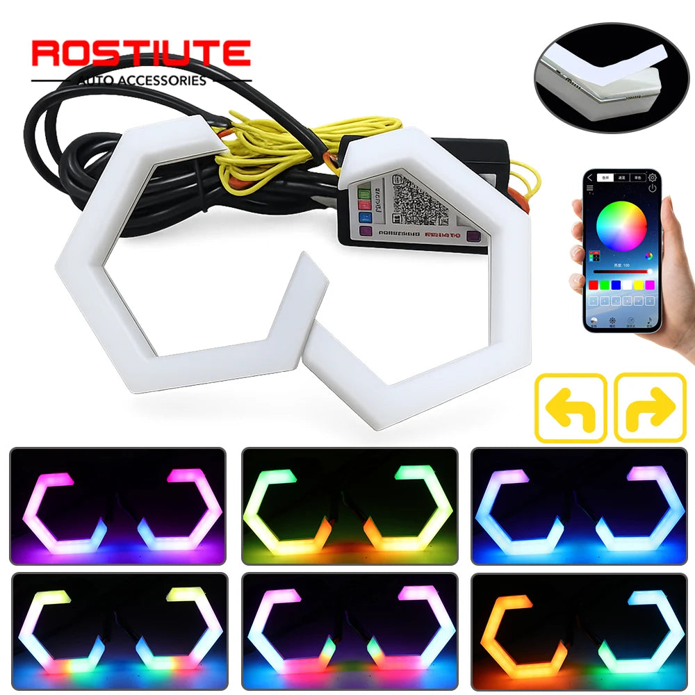 Hexagon RGB LED Angel Eyes Halo Rings with Turn Signal Car Headlights Projector Rings 70mm 80mm 90mm 12-24V for Motorcycle Auto