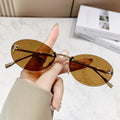 Hiking Trendy Rimless Small Oval Anti Light Glasses Famale Retro Metal Frame Design Shades Outdoors Casual Vacation UV400