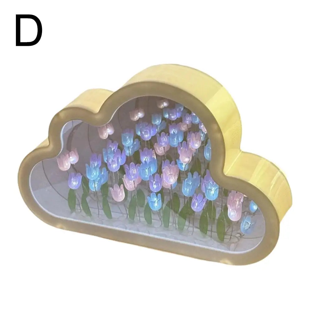 DIY Cloud Mirror Tulip Lamp Night Light Girl Bedroom Ornaments Photo Frame Handmade Glass Bedside Sleep Light Christmas Gifts ﻿
