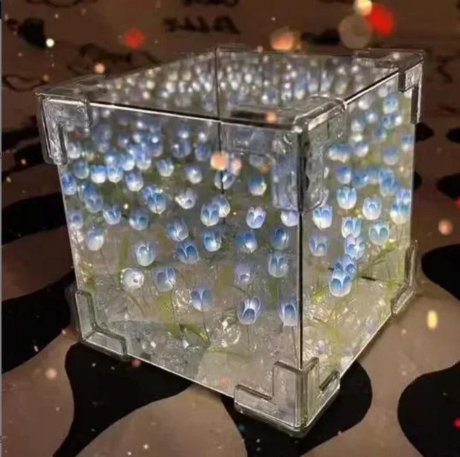 DIY Tulip Mirror Cube Lamp Simulation Flower Bedroom Sleeping Table Lamp Handmade Craft Tulip Mirror Night Light Birthday GiftS