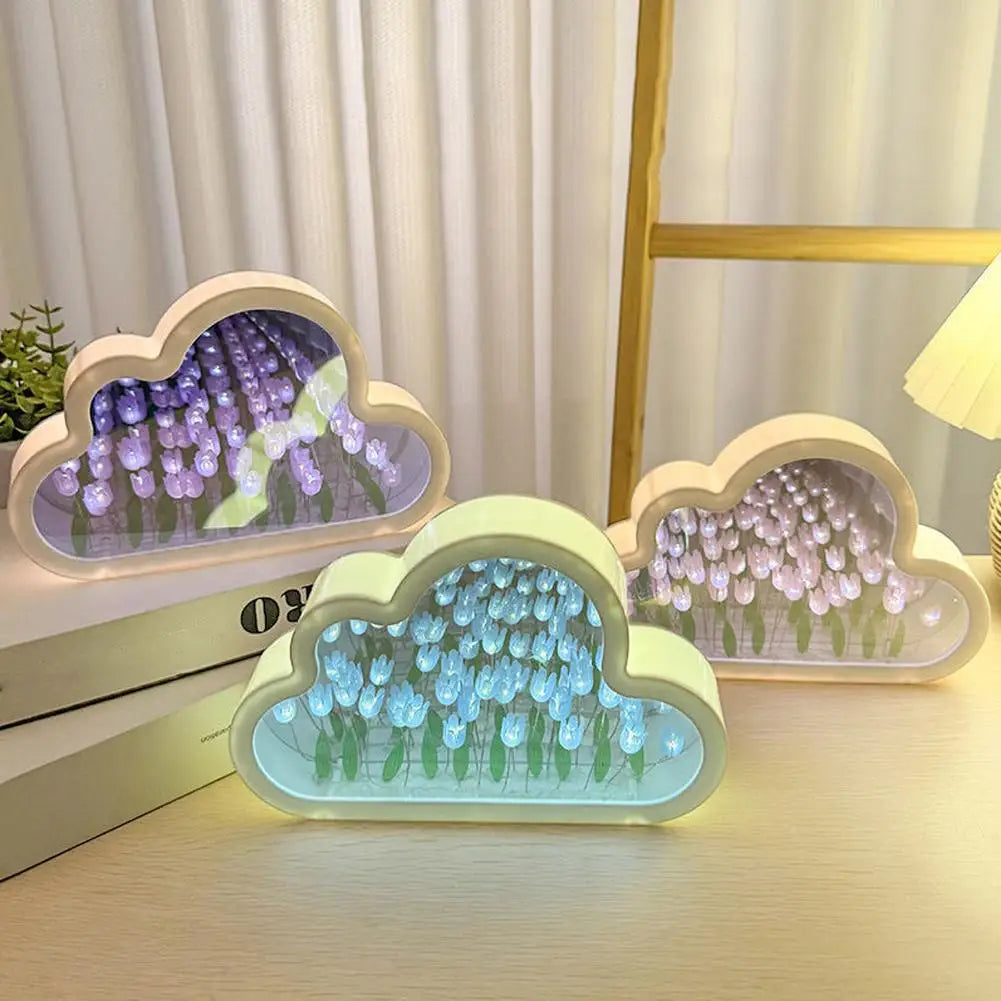 DIY Cloud Mirror Tulip Lamp Night Light Girl Bedroom Ornaments Photo Frame Handmade Glass Bedside Sleep Light Christmas Gifts ﻿