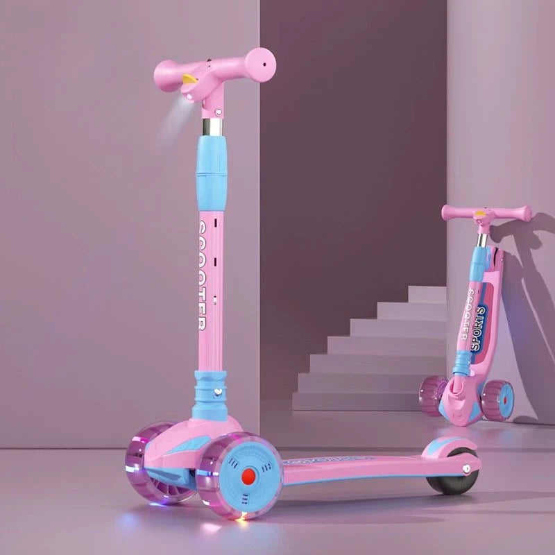 Children 3-Wheel Scooter with LED Cartoon Projector Light Foldable Balance Training Kick Scooter for Kids Outdoor Scooting Fun