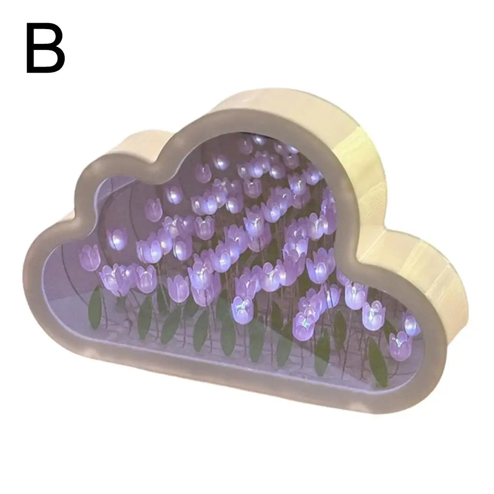 DIY Cloud Mirror Tulip Lamp Night Light Girl Bedroom Ornaments Photo Frame Handmade Glass Bedside Sleep Light Christmas Gifts ﻿