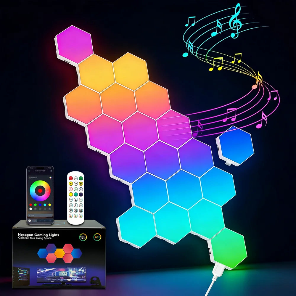 Exagon Smart RGB Hexagon Wall Light USB Powered Color Changing DIY Mode Music Sync APP Control Modular DIM LED ON for Game Room