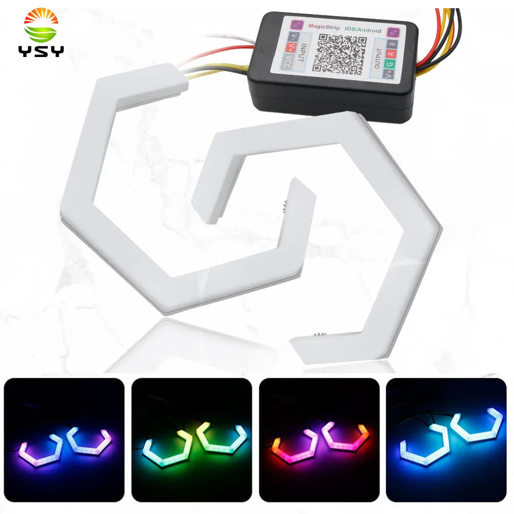 2PCS RGB+Yellow Amber Turn Signal Function Angel Eyes Halo Ring Bluetooth APP Car UTV Motorcycle DRL Headlight Decorative Light