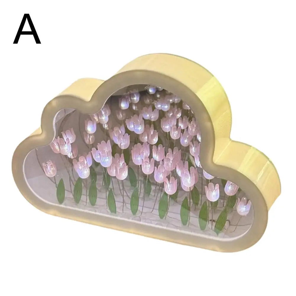DIY Cloud Mirror Tulip Lamp Night Light Girl Bedroom Ornaments Photo Frame Handmade Glass Bedside Sleep Light Christmas Gifts ﻿