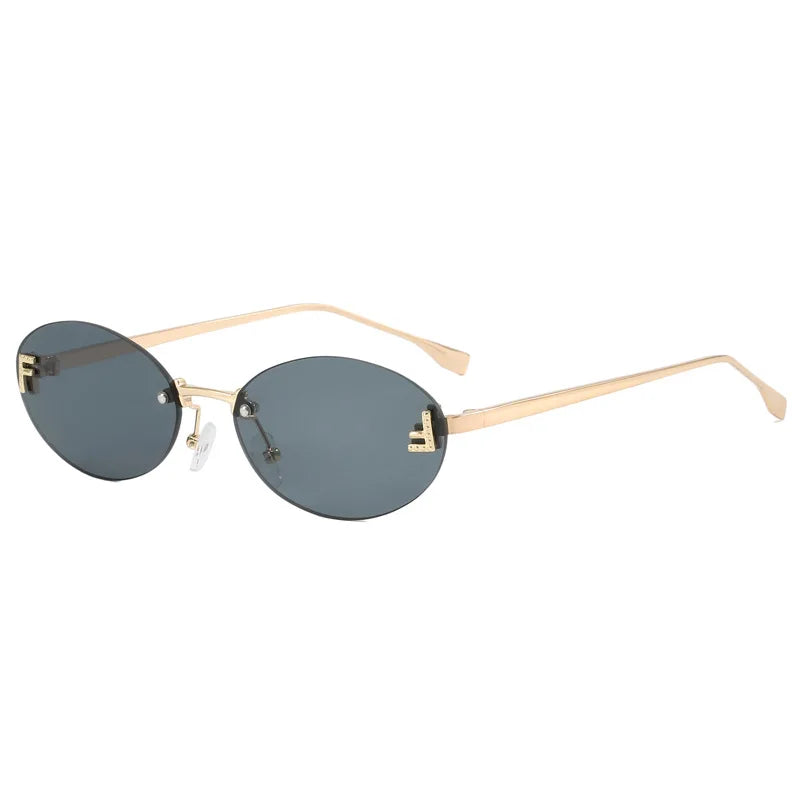Hiking Trendy Rimless Small Oval Anti Light Glasses Famale Retro Metal Frame Design Shades Outdoors Casual Vacation UV400