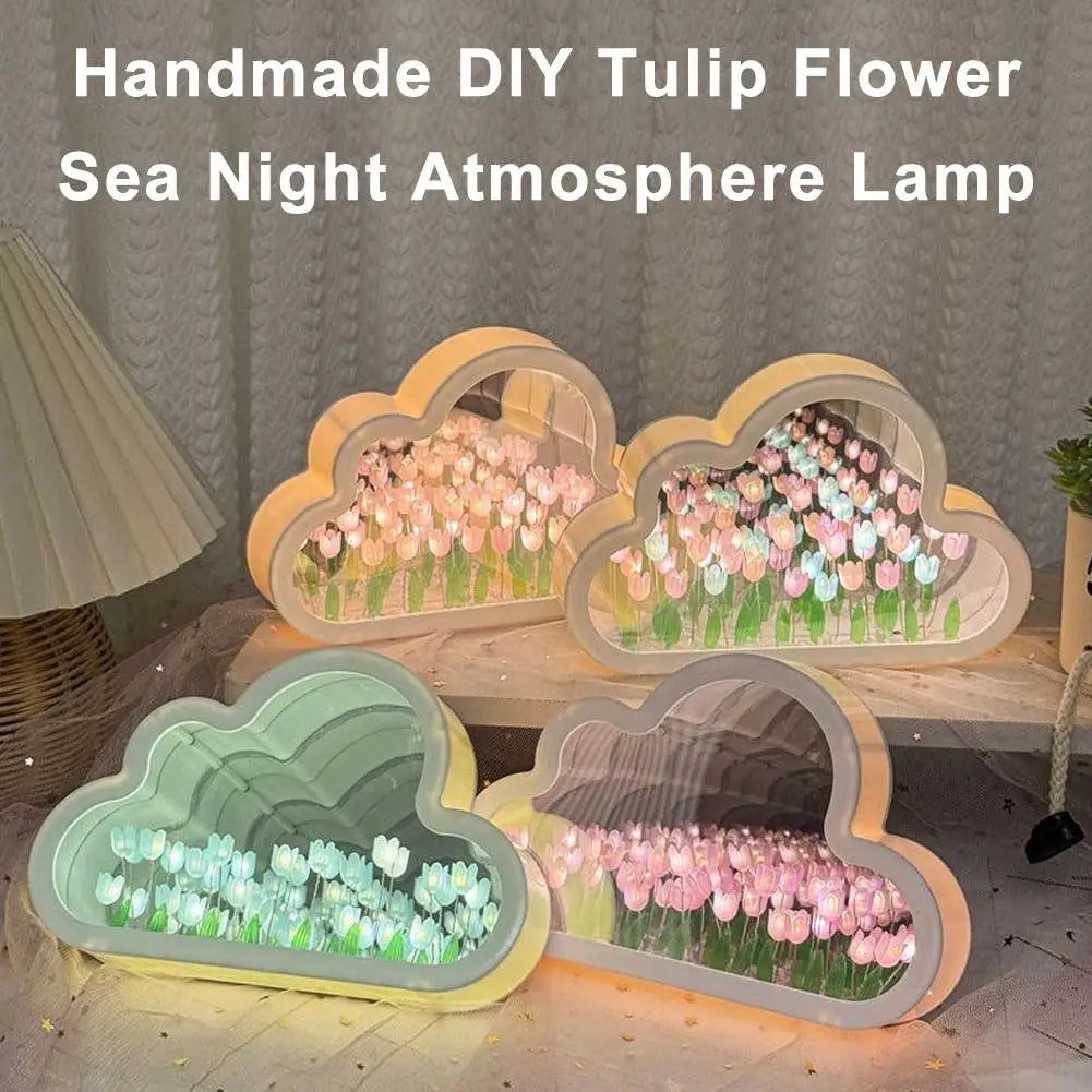 DIY Cloud Mirror Tulip Lamp Night Light Girl Bedroom Ornaments Photo Frame Handmade Glass Bedside Sleep Light Christmas Gifts ﻿