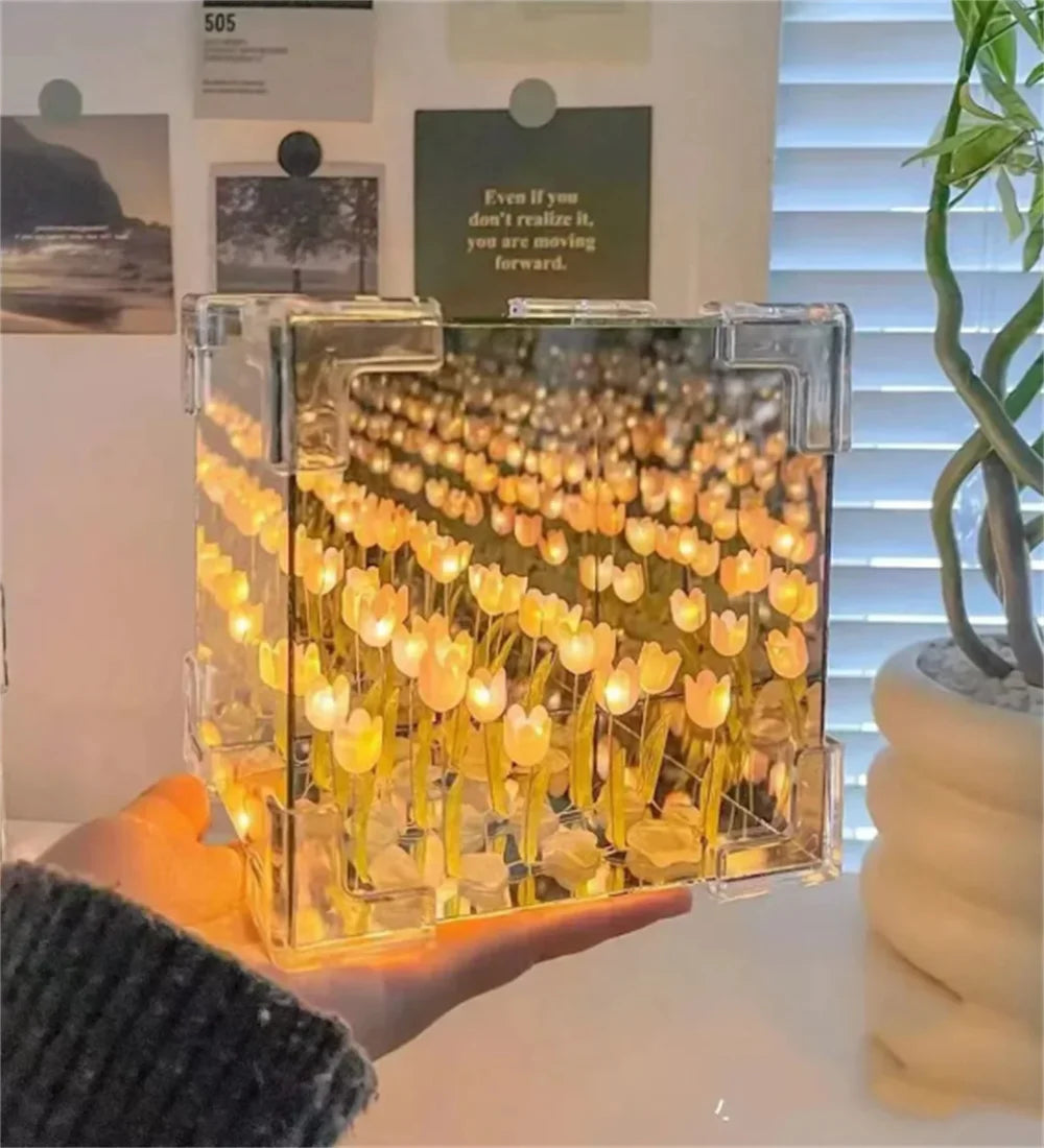 DIY Tulip Mirror Cube Lamp Simulation Flower Bedroom Sleeping Table Lamp Handmade Craft Tulip Mirror Night Light Birthday GiftS