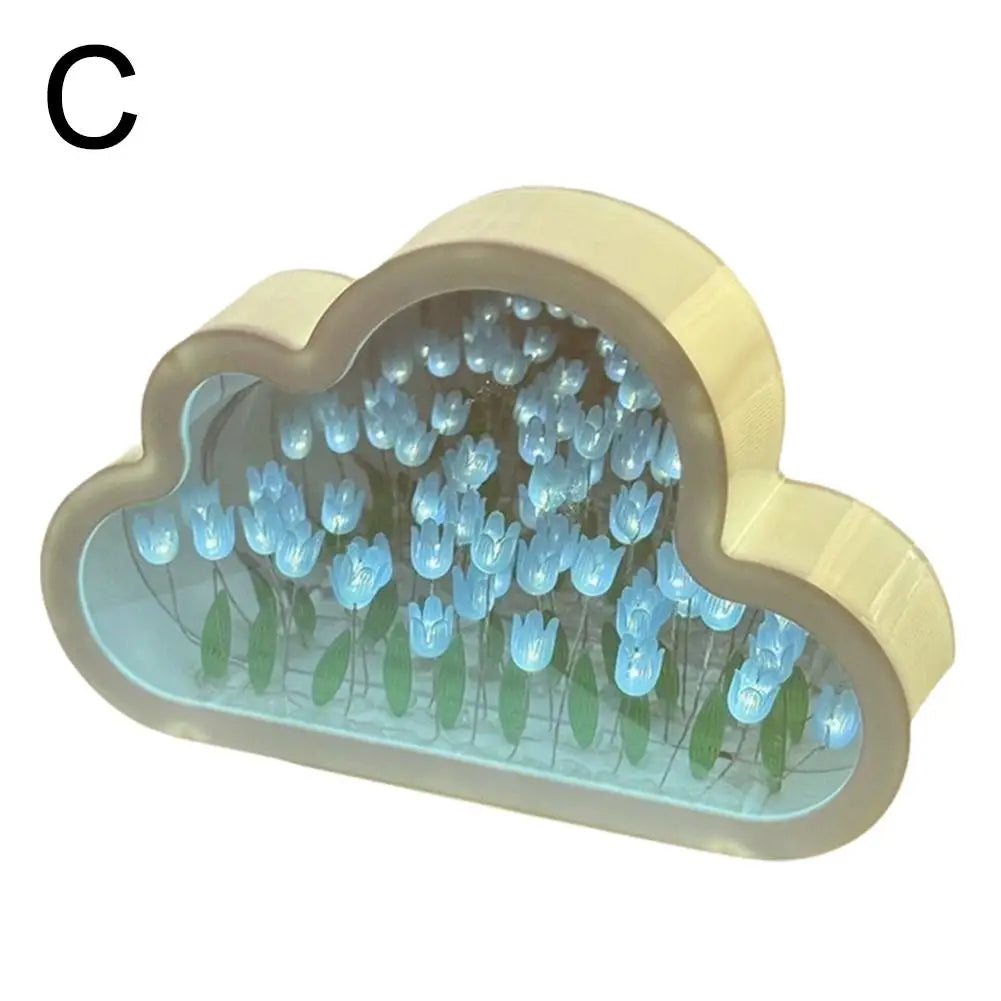 DIY Cloud Mirror Tulip Lamp Night Light Girl Bedroom Ornaments Photo Frame Handmade Glass Bedside Sleep Light Christmas Gifts ﻿
