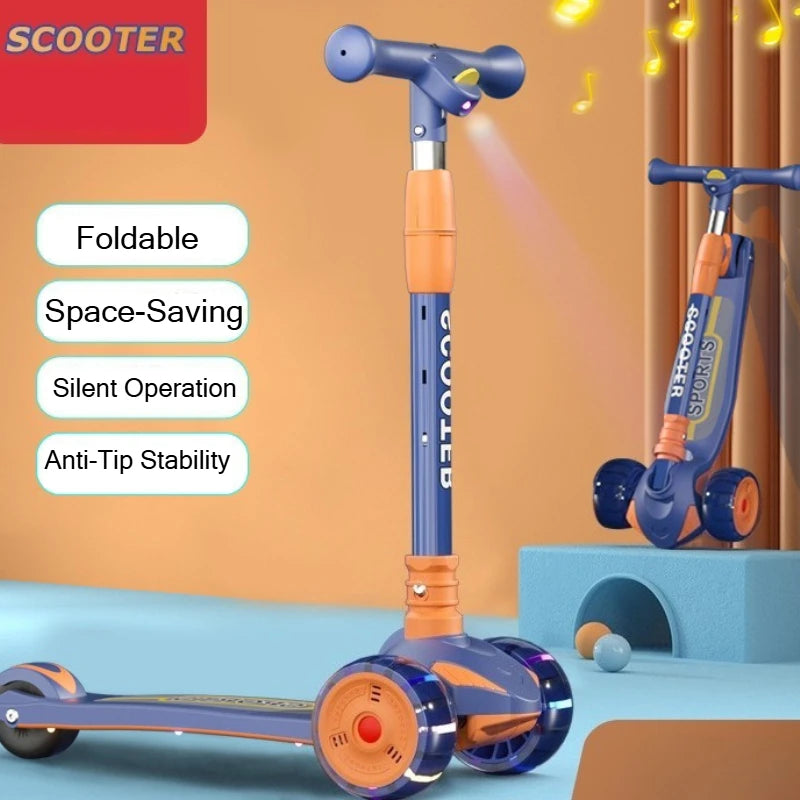 Children 3-Wheel Scooter with LED Cartoon Projector Light Foldable Balance Training Kick Scooter for Kids Outdoor Scooting Fun