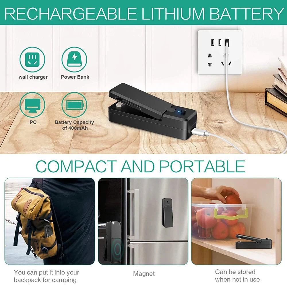 Mini Bag Sealer 2 in 1 Rechargeable Portable Bag Vacuum Heat Sealer
