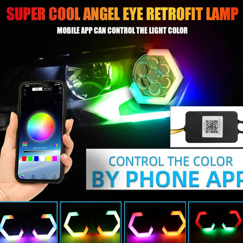 70mm 80mm 85mm 90mm RGB Hexagon LED Angel Eyes with Turn Signal Halo Rings Car Headlights DRL 12-24V for Motorcycle Offroad 4X4