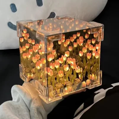 DIY Tulip Mirror Cube Lamp Simulation Flower Bedroom Sleeping Table Lamp Handmade Craft Tulip Mirror Night Light Birthday GiftS