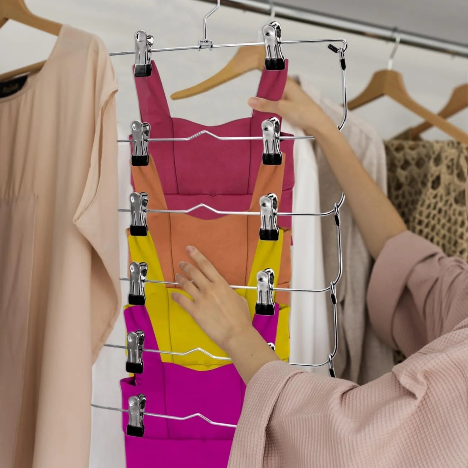 Skirt Hanges Space Saving, Pants Hangers with Clips 6 Tier,Closet Organizers and Storager,Clothes Hanger Space Saver
