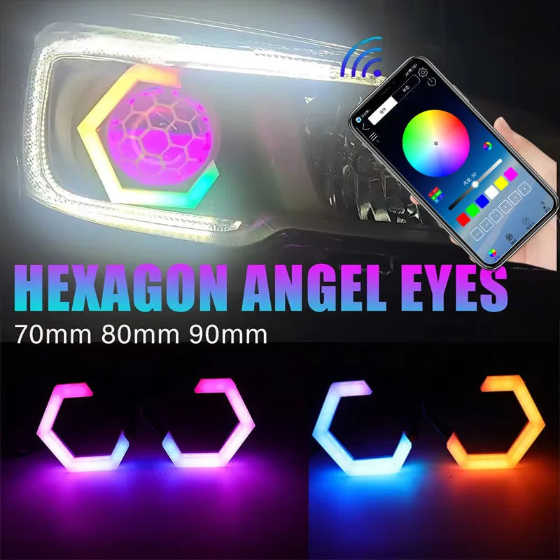 70mm 80mm 85mm 90mm RGB Hexagon LED Angel Eyes with Turn Signal Halo Rings Car Headlights DRL 12-24V for Motorcycle Offroad 4X4