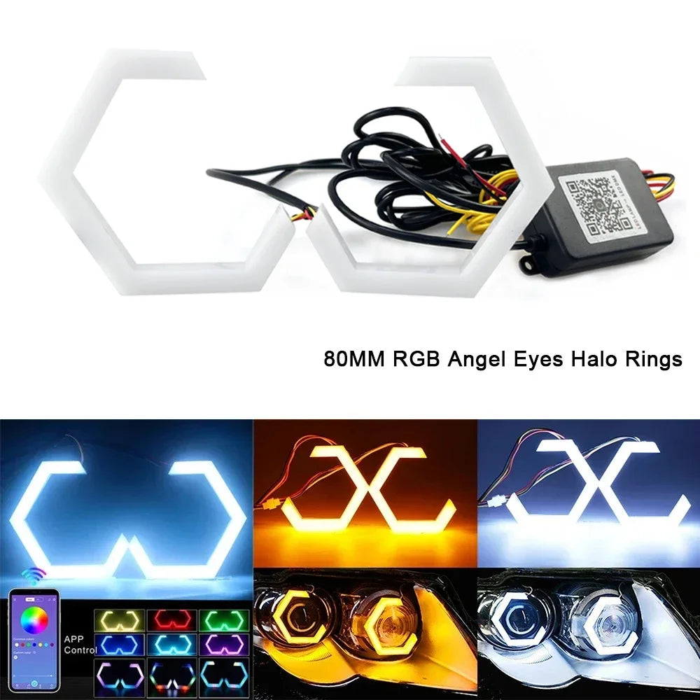 12V 24V RGB Hexagon Angel Eyes Halo Rings Retrofit Headlight Car Motorcycle Switchback White DRL+Amber Turn Signal Light