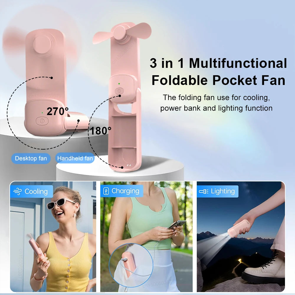 Mini Portable Handheld Fan USB Rechargeable Foldable Hand Fan For Outdoor Folding Small Pocket Fan With Power Bank Flashlights