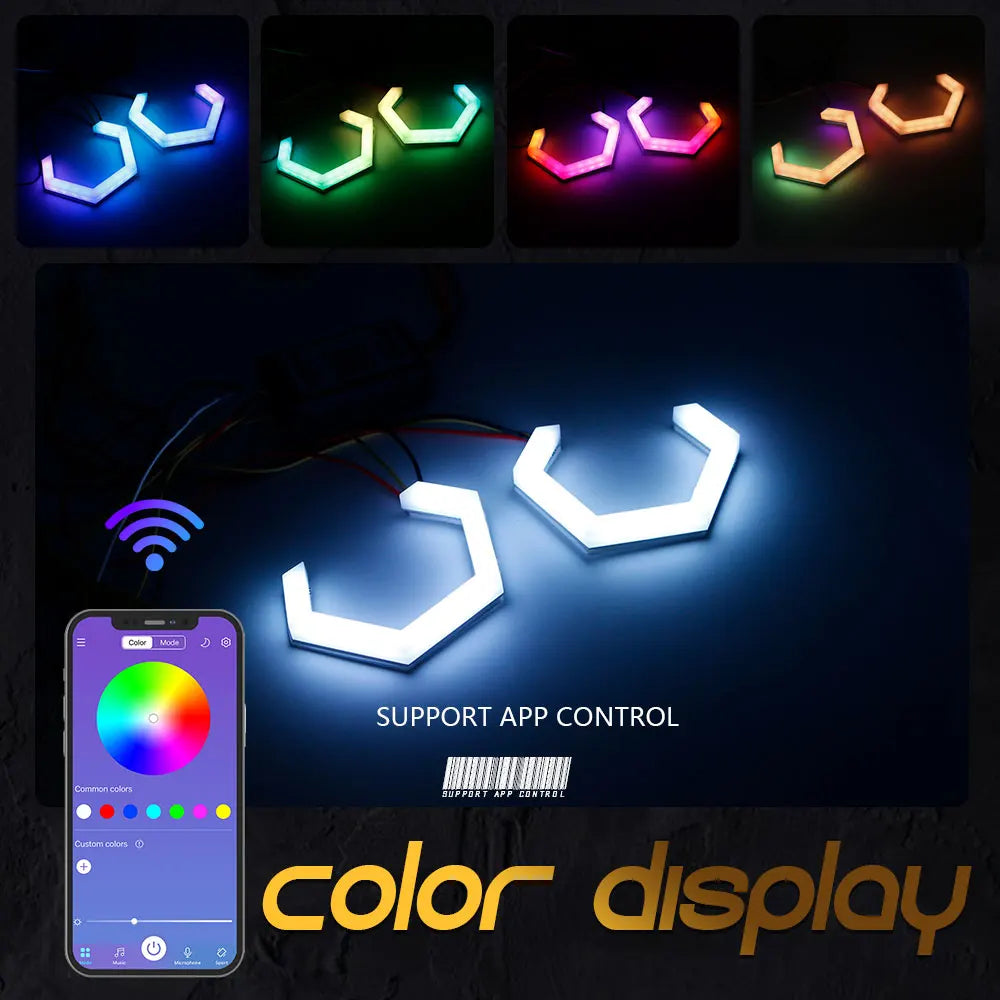 2PCS RGB+Yellow Amber Turn Signal Function Angel Eyes Halo Ring Bluetooth APP Car UTV Motorcycle DRL Headlight Decorative Light