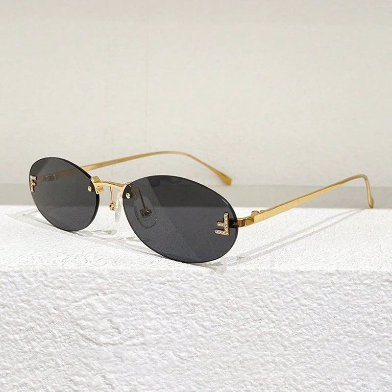 Hiking Trendy Rimless Small Oval Anti Light Glasses Famale Retro Metal Frame Design Shades Outdoors Casual Vacation UV400