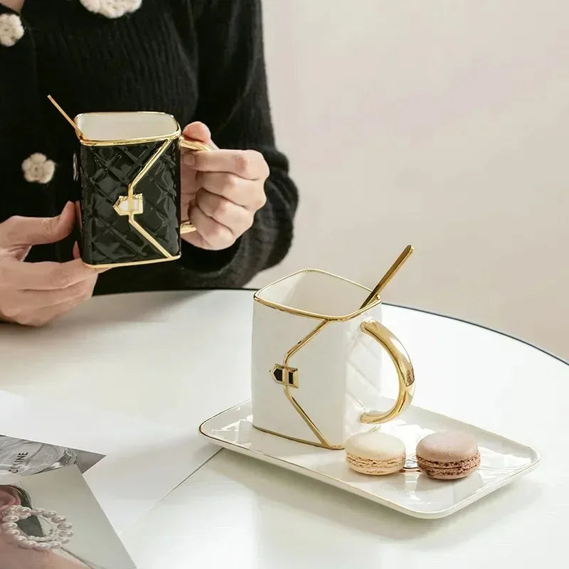 Handbag Shape Coffee Mug and Saucer Set Ceramic Tea Cup Gift with Luxury Aesthetic for Dessert Afternoon Water Cup Drinkware