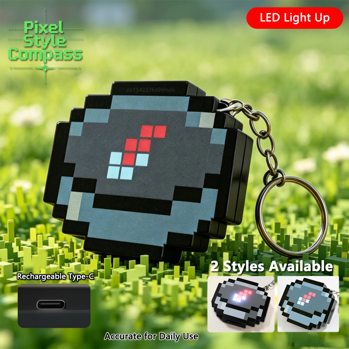 Rechargeable LED Pixel Compass Keychain Glowing Pixel Style Backpack Pendant Creative Game Periphery Gift for Gamers Birthday
