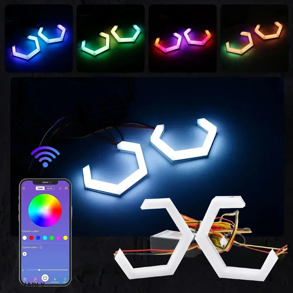 12V 24V RGB Hexagon Angel Eyes Halo Rings Retrofit Headlight Car Motorcycle Switchback White DRL+Amber Turn Signal Light