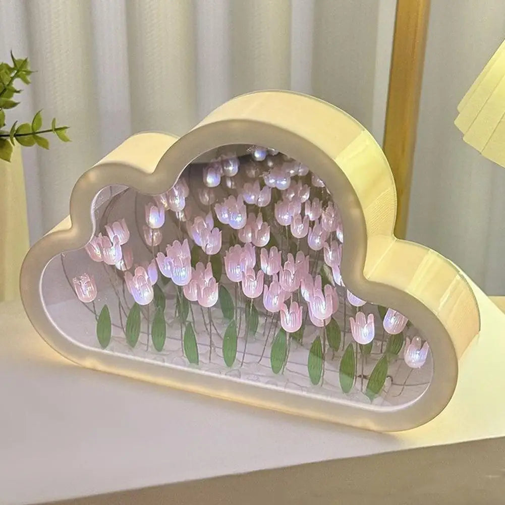 DIY Cloud Mirror Tulip Lamp Night Light Girl Bedroom Ornaments Photo Frame Handmade Glass Bedside Sleep Light Christmas Gifts ﻿