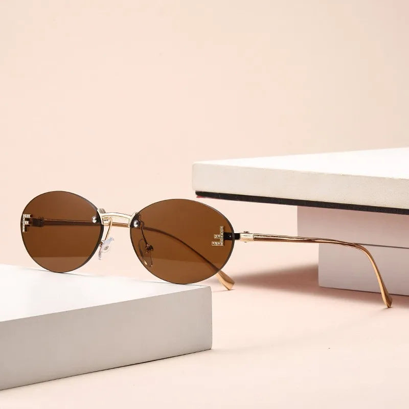 Hiking Trendy Rimless Small Oval Anti Light Glasses Famale Retro Metal Frame Design Shades Outdoors Casual Vacation UV400