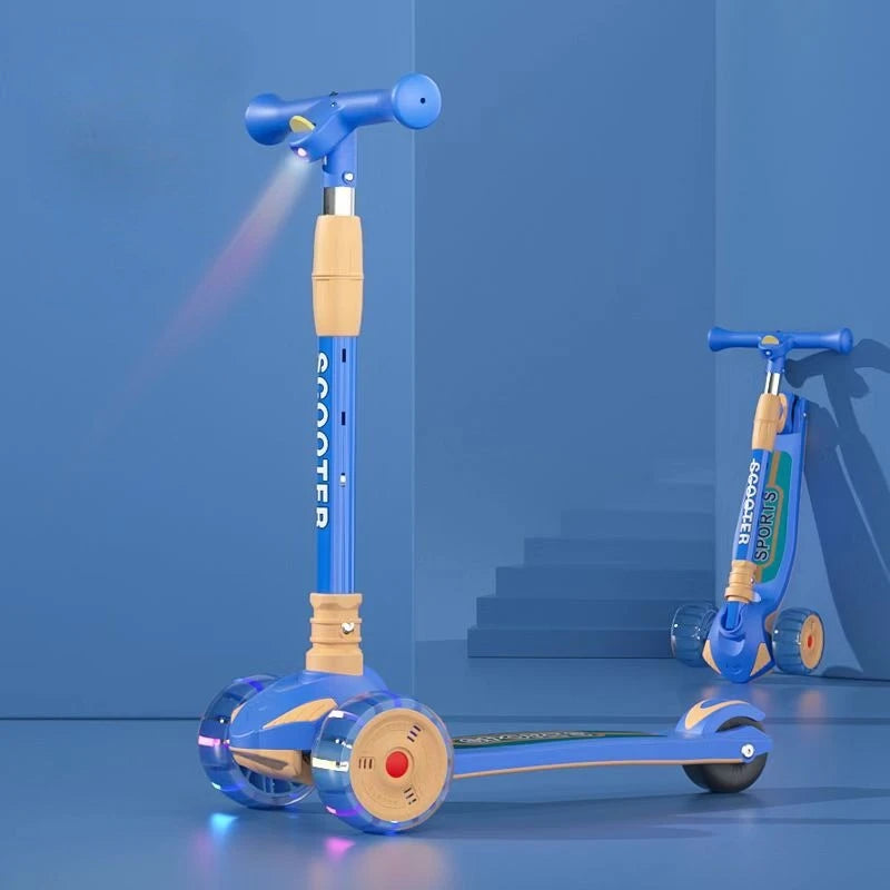 Children 3-Wheel Scooter with LED Cartoon Projector Light Foldable Balance Training Kick Scooter for Kids Outdoor Scooting Fun
