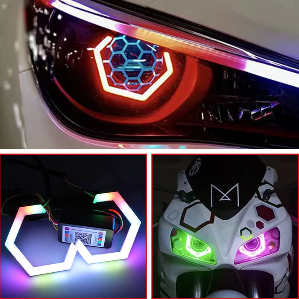 Hexagon RGB LED Angel Eyes Halo Rings with Turn Signal Car Headlights Projector Rings 70mm 80mm 90mm 12-24V for Motorcycle Auto