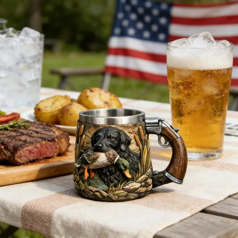 Hunting Theme 3D Embossed Duck  Dog Beer Mug, Stainless Steel Lined Double Sided Tankard for Hunter Gifts  Bar Decor
