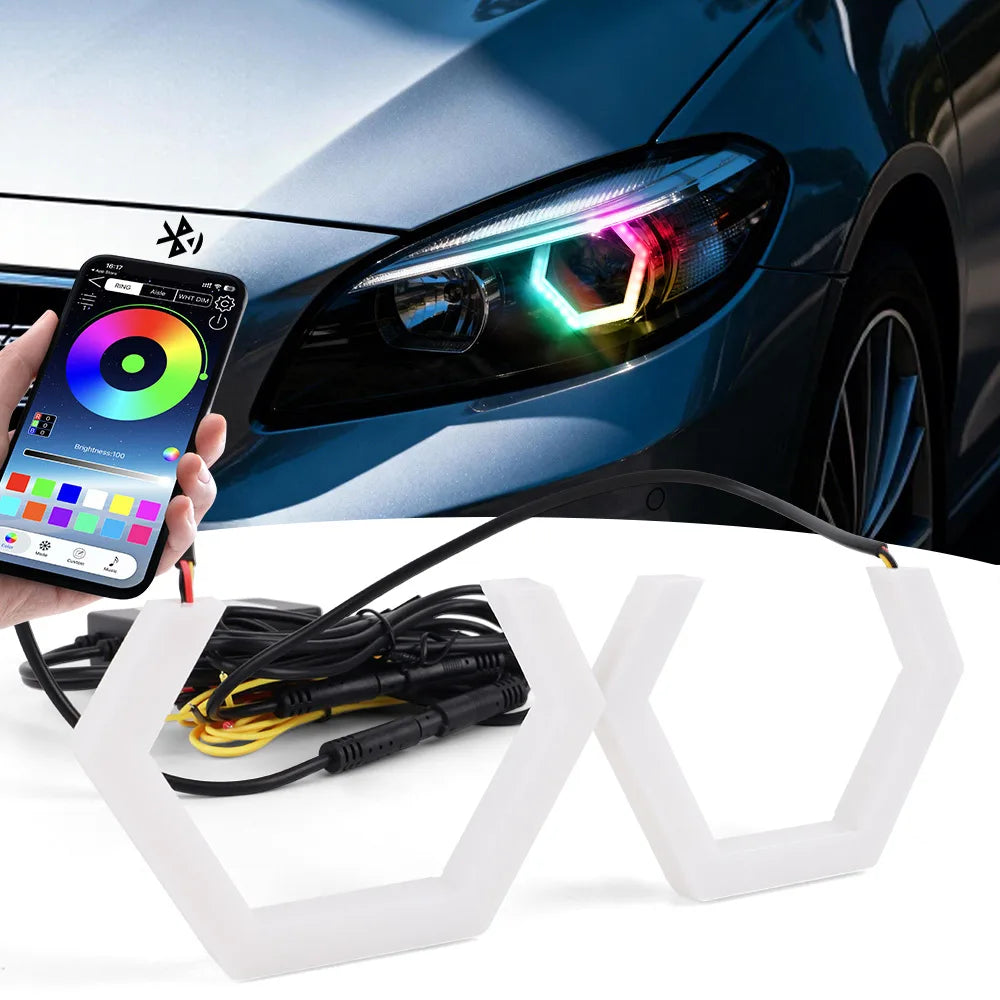 70mm 80mm 85mm 90mm RGB Hexagon LED Angel Eyes with Turn Signal Halo Rings Car Headlights DRL 12-24V for Motorcycle Offroad 4X4