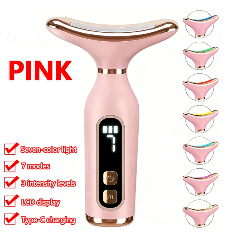 Portable 7 Colors LED Light Therapy Face Neck Massager 3 Gears Adjustable Gentle Vibration Anti Wrinkle Skin Tightening Lifting