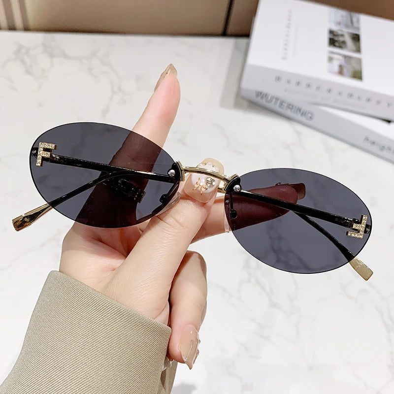Hiking Trendy Rimless Small Oval Anti Light Glasses Famale Retro Metal Frame Design Shades Outdoors Casual Vacation UV400