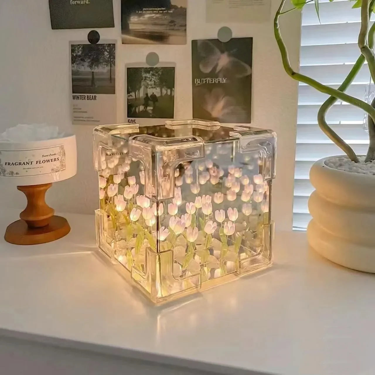 DIY Tulip Mirror Cube Lamp Simulation Flower Bedroom Sleeping Table Lamp Handmade Craft Tulips Mirror Night Light Birthday Gifts