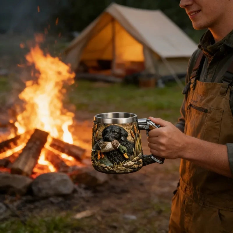 Hunting Theme 3D Embossed Duck  Dog Beer Mug, Stainless Steel Lined Double Sided Tankard for Hunter Gifts  Bar Decor