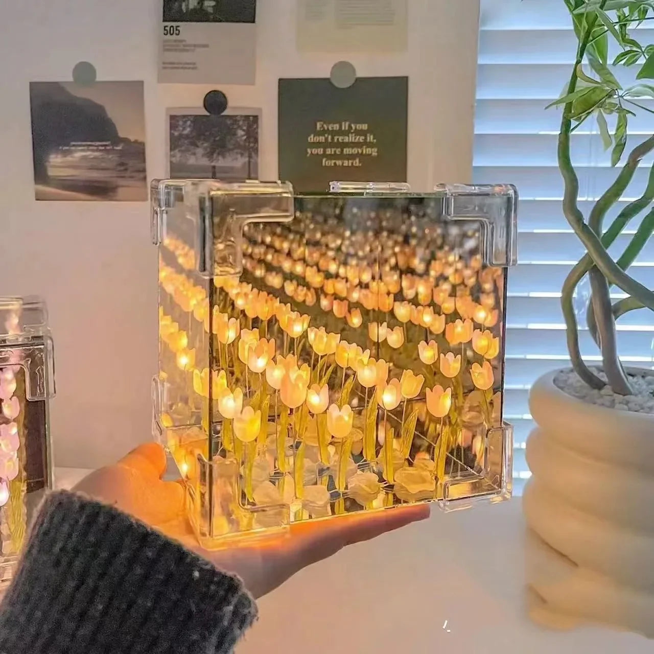 DIY Tulip Mirror Cube Lamp Simulation Flower Bedroom Sleeping Table Lamp Handmade Craft Tulips Mirror Night Light Birthday Gifts